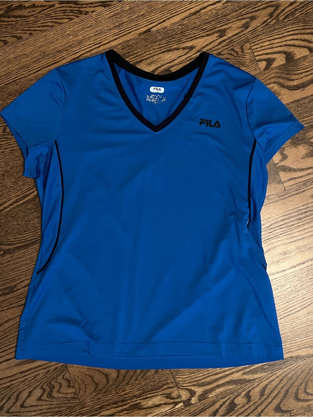 FILA Women's Royal Blue V-Neck Short Sleeve Athletic Tee with Black Trim